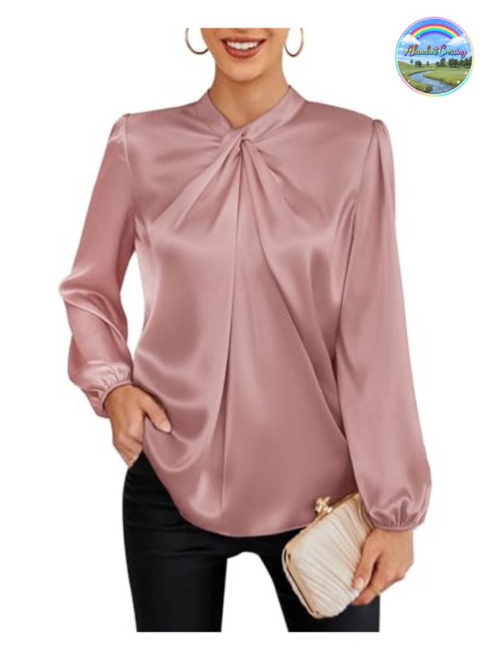 Women Business Casual Mock Neck Lantern Sleeve Satin Blouse Pullover